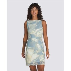 Vans Molly Mesh Mini Dress Banana Cream Blue Marble Print Y2K Style Sz Small New